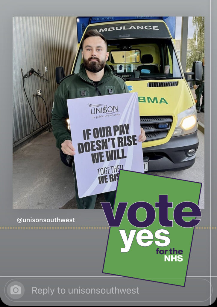 IG story screenshot showing the positioning of UNISON's Vote Yes for the NHS graphic.
